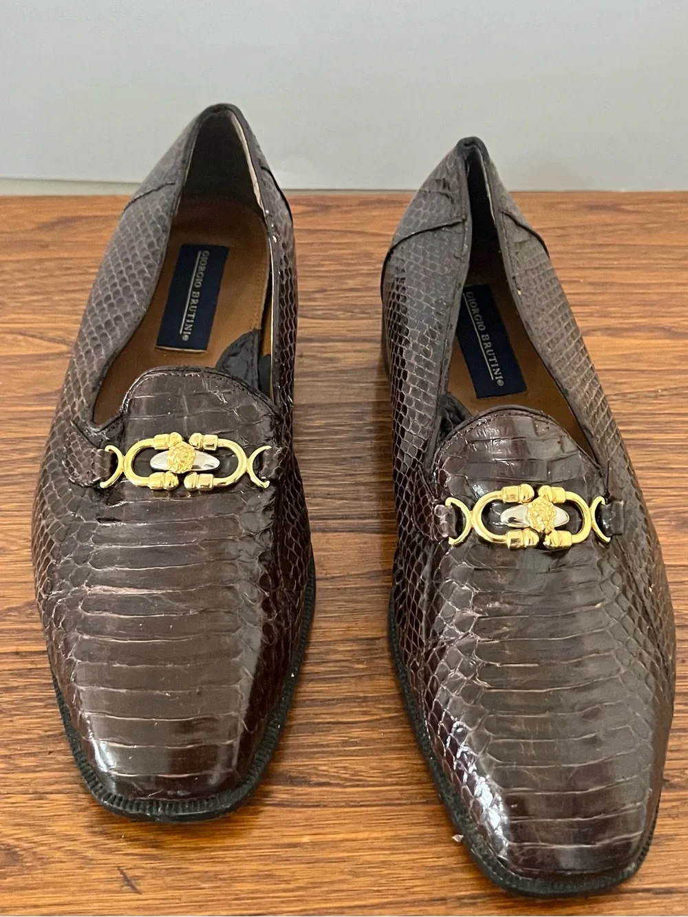 Giorgio Brutini Brown Genuine Snake- Texture Slip-On Loafers with Gold Bit